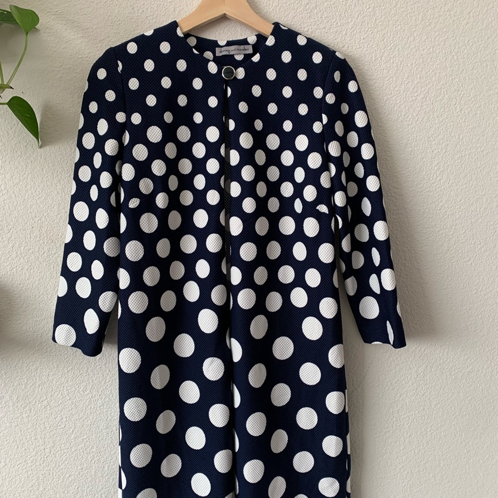 Navy White Polka Dot Open Front 3/4 Sleeved Tunic Blazer S/M Danny & Nicole